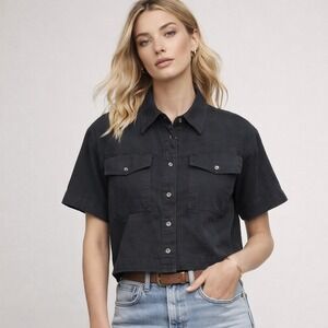 FRAME Short Sleeve Cropped‎ Linen Blend Button Down Shirt Noir Black Size Small